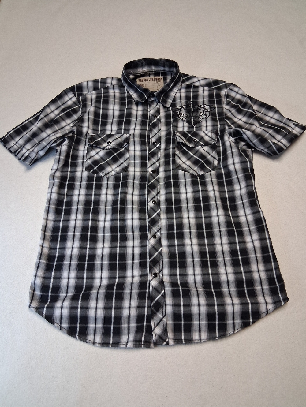 Machine Brand Western Grunge Black & White Plaid Short-Sleeve Button-Up Shirt